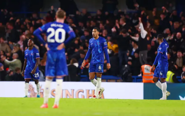 Levi Colwill of Chelsea reacts after Rodrigo Muniz of Fulham scores his side's second goal