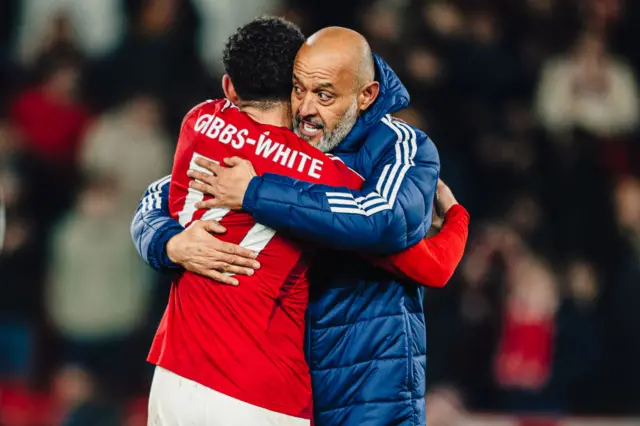 Morgan Gibbs-White hugging Nuno Espirito Santo