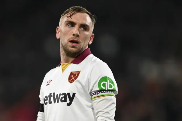 West Ham captain Jarrod Bowen looking on