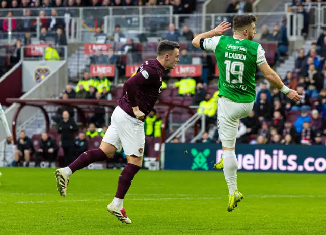 Hearts' Lawrence Shankland's header towards goal deflects off of Hibernian's Rocky Bushiri for an own goal to make it 1-1 during a William Hill Premiership match between Heart of Midlothian and Hibernian at Tynecastle Park