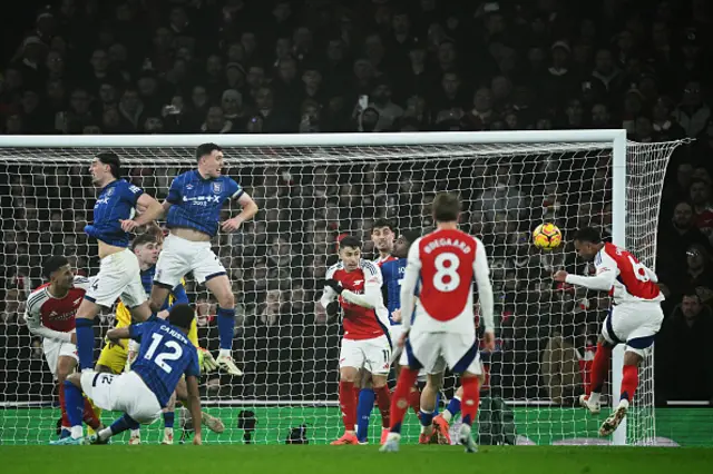 Gabriel of Arsenal heads a shot wide