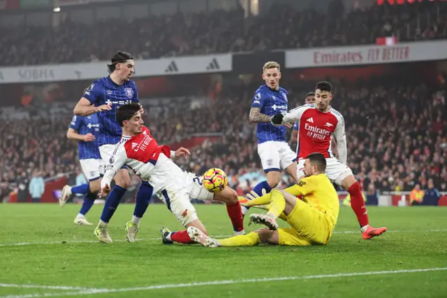 Arijanet Muric of Ipswich Town saves from Kai Havertz of Arsenal