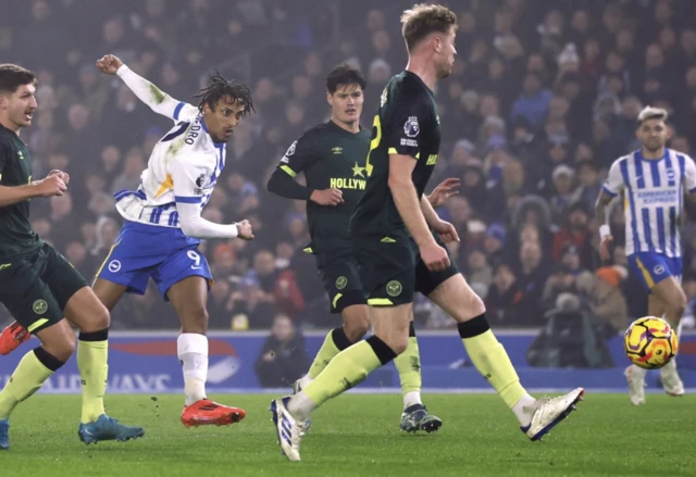 Brighton & Hove Albion's Joao Pedro misses a chance to score