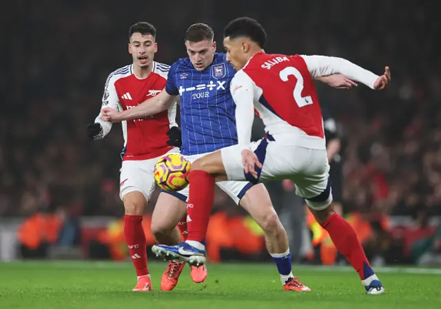 Liam Delap of Ipswich Town battles for possession