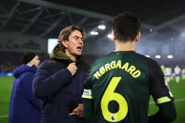 Thomas Frank, Manager of Brentford, speaks with Christian Norgaard