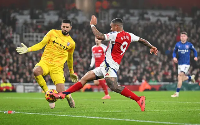 Gabriel Jesus of Arsenal scores a goal past Arijanet Muric