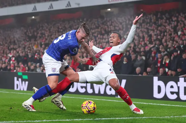 Kalvin Phillips of Ipswich Town tangles with Gabriel