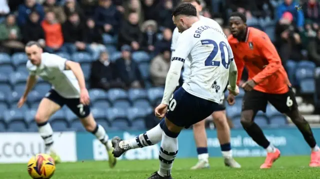 Sam Greenwood scores from the penalty spot for Preston