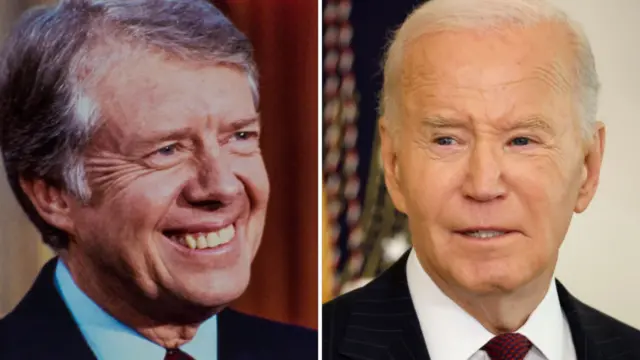 A split image of Joe Biden and Jimmy Carter