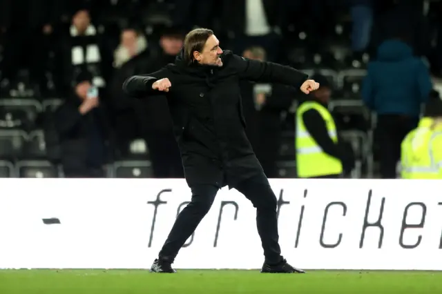 Leeds boss Daniel Farke celebrates his side's win at Derby