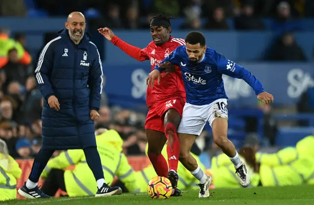 Nottingham Forest's Anthony Elanga vies for possession with Everton's Iliman Ndiaye