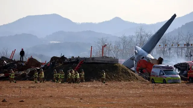 Firefighters walk next to a mound of earth and the plane's tail