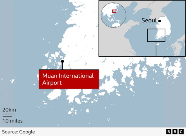 Map showing location of Muan International Airport in south east of South Korea, on the coast,