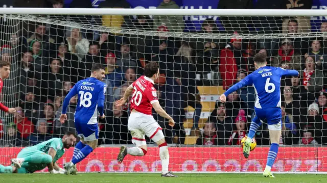 Jensen Weir of Wigan Athletic misses from close range