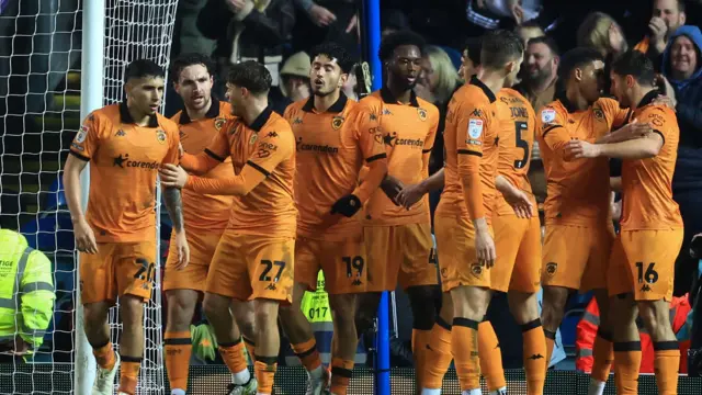 Hull players celebrate Ryan Longman's goal at Blackburn