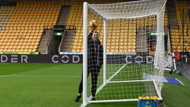 A match official tests the goalline technology at Norwich's Carrow Road