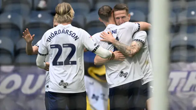 Emil Riis celebrates opening the scoring for Preston against Sheffield Wednesday