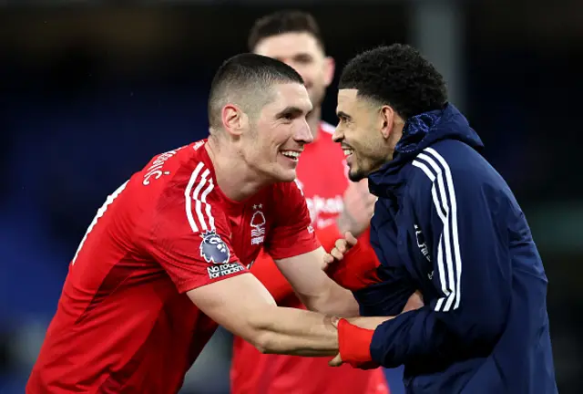 Nikola Milenkovic and Morgan Gibbs-White of Nottingham Forest celebrate