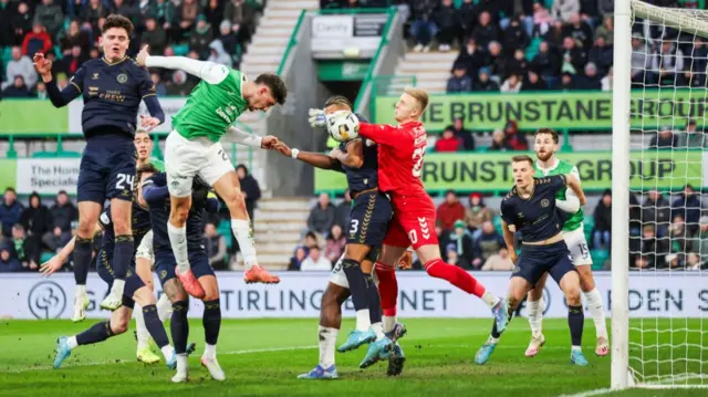 EDINBURGH, SCOTLAND - DECEMBER 29: Hibernian's Nectar Triantis scoring to make it 1-0 during a William Hill Premiership match between Hibernian and Kilmarnock at Easter Road, on December 29, 2024, in Edinburgh, Scotland. (Photo by Roddy Scott / SNS Group)