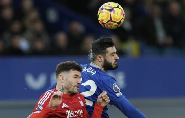 Everton's Armando Broja in action with Nottingham Forest's Morato