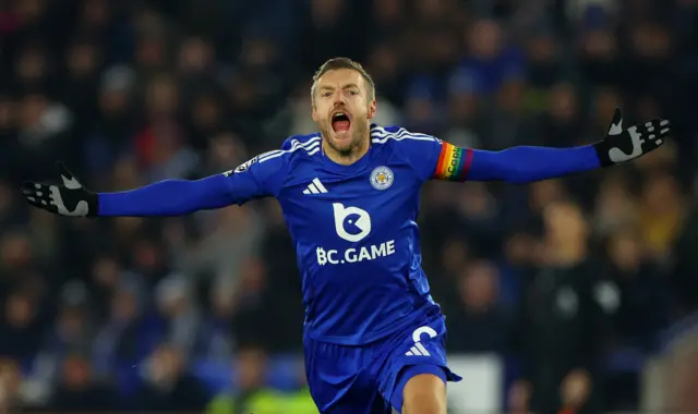 Leicester City's Jamie Vardy celebrates scoring their first goal