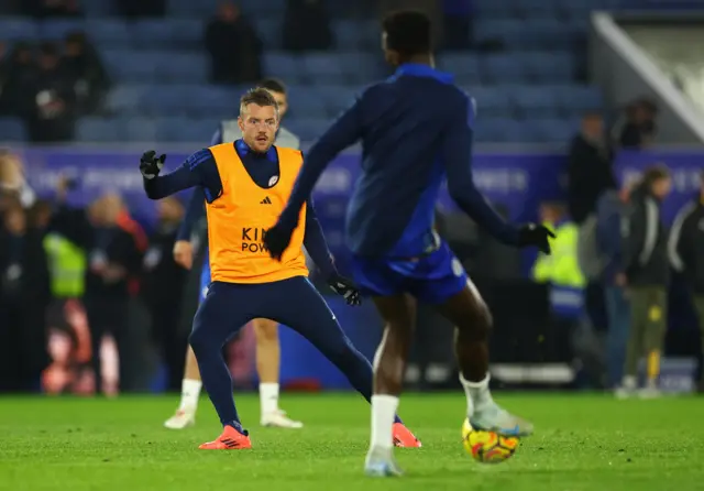 Leicester City's Jamie Vardy during the warm up before the match