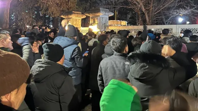 A crowd of protesters stands outside the gates to the parliament