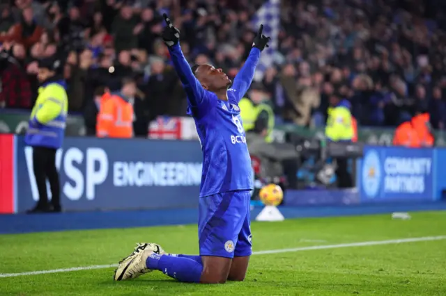 Daka kneels and points to the sky to celebrate his goal v West Ham