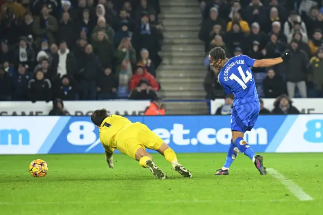 Decordova Reid slots home the third goal for Leicester (later disallowed)