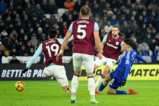 West Ham players fail to stop a goal for Leicesters El Khanouss