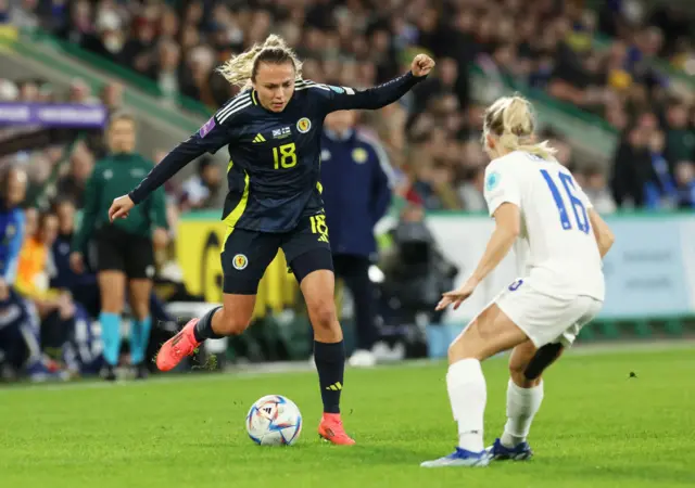 Claire Emslie (left) and Nea Lehtola (right) during the first leg of the Women's  2025 Euro qualifier