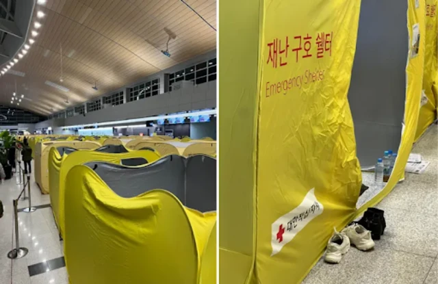 Yellow emergency tents set up at Muan International Airport