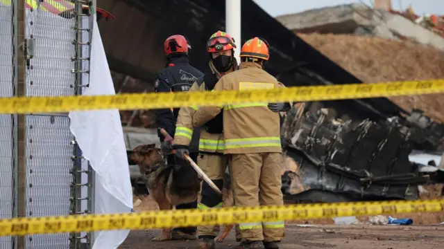 Firefighter hug as another emergency worker stands behind them with a large search and rescue dog, in the foreground is police tape and in the background is debris from a crashed plane