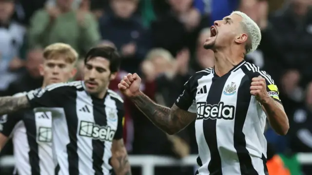 Bruno Guimaraes celebrates after scoring for Newcastle