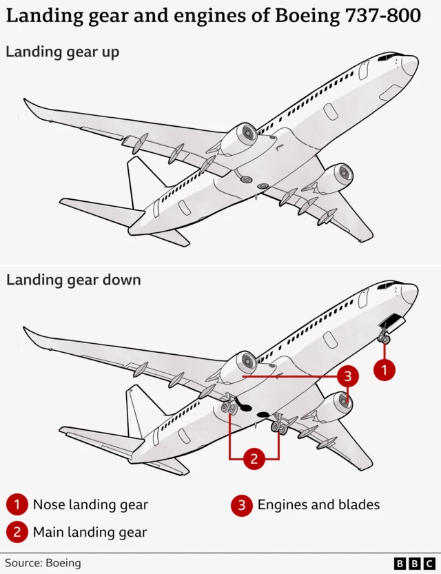 A diagram that shows the difference when a Boeing's landing gear is up or down - with wheels out in the middle and front of the aircraft in the bottom diagram where the landing gear is on