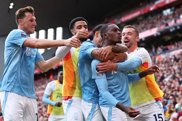 Callum Hudson-Odoi celebrates after scoring for Nottingham Forest at Liverpool