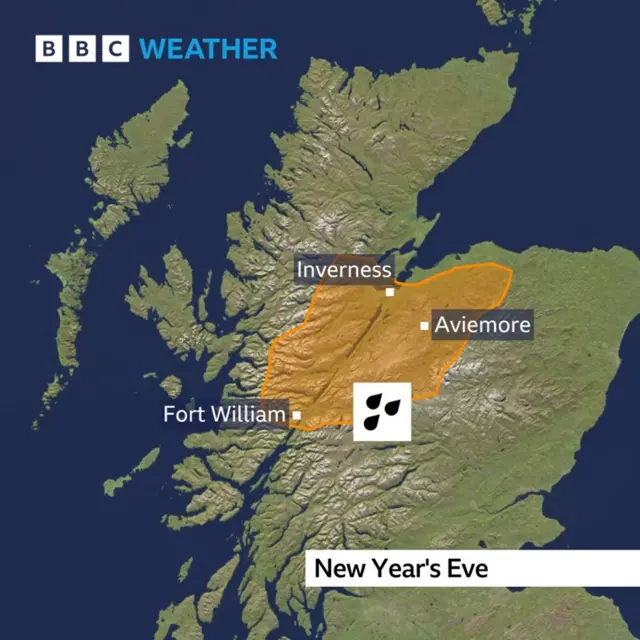 Map showing areas in Scotland affected by weather warning