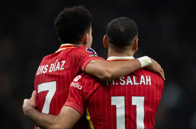 Luis Diaz and Mo Salah celebrate against Tottenham