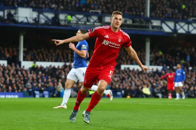 Nottingham Forest's Chris Wood celebrates scoring at Everton