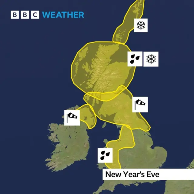 Map showing areas affected by weather warnings