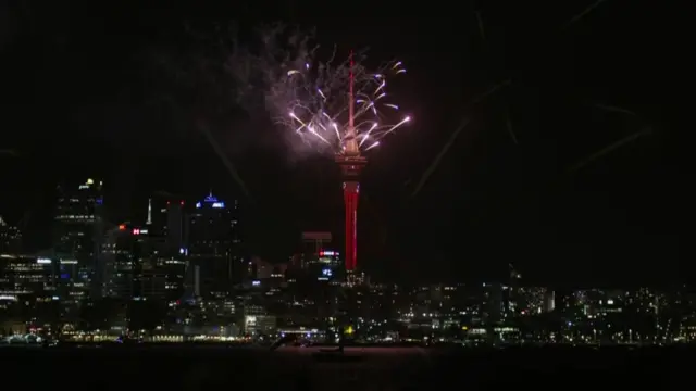 Wide shot of the Sky Tower amongst a skyline in New Zealand