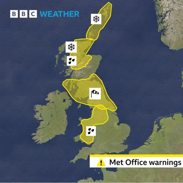 A map showing four yellow weather warnings over the UK