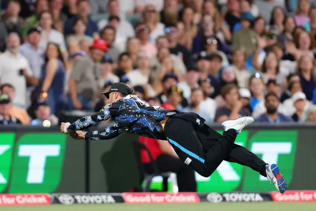 Alex Ross of the Strikers unable to hold a catch during the BBL match between Adelaide Strikers and Perth Scorchers at Adelaide Oval