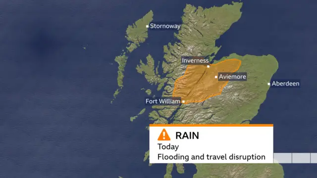 Map of Scotland with Highlands marked in orange to indicate the Amber weather warning currently in place. A white box with an orange border at the top contains the wording "Rain today, flooding and travel disruption"