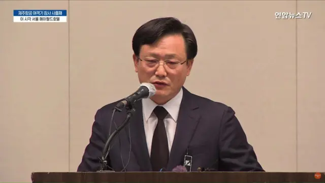 Jeju Air CEO Kim Yi-bae speaking into a microphone