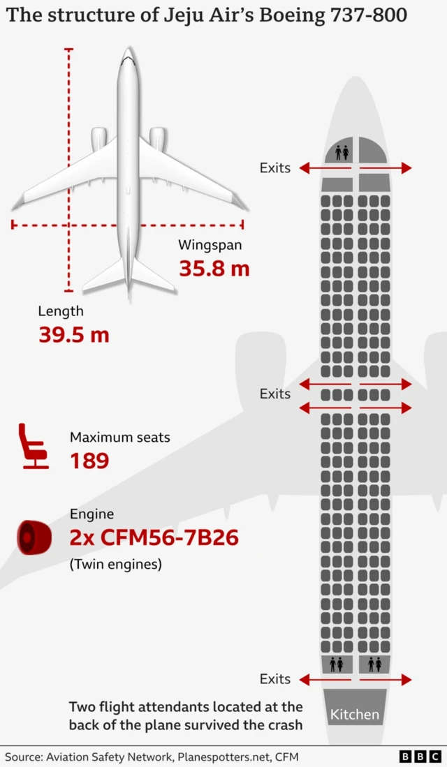 A graphic shows the Jeju Air plane and its layout, including the exits and two engines.