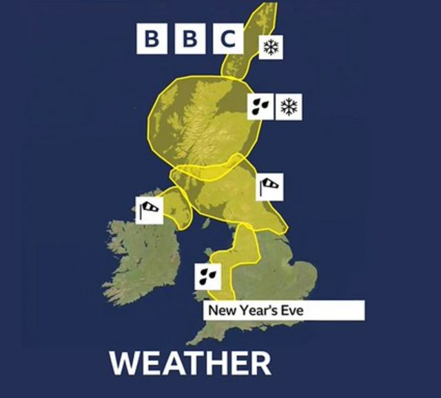 Map of UK with yellow markings to show Met Office weather warnings with icons indicating rain, wind, and snow