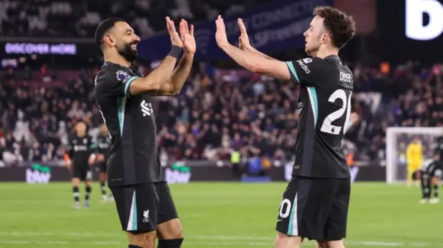 Mohamed Salah celebrates with Diogo Jota after Liverpool go 5-0 up against West Ham