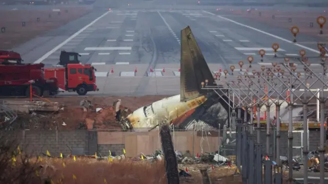 The wreckage of the Jeju Air aircraft that went off the runway and crashed lies at Muan International Airport,