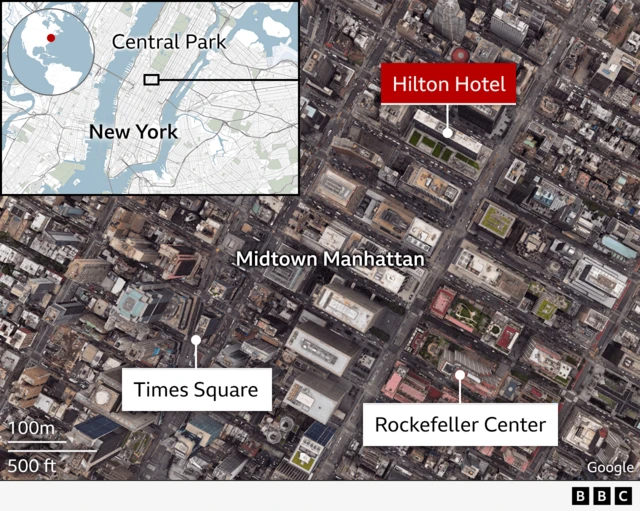 Aerial map of buildings, showing Times Square below Midtown Manahattan and the Hilton hotel above